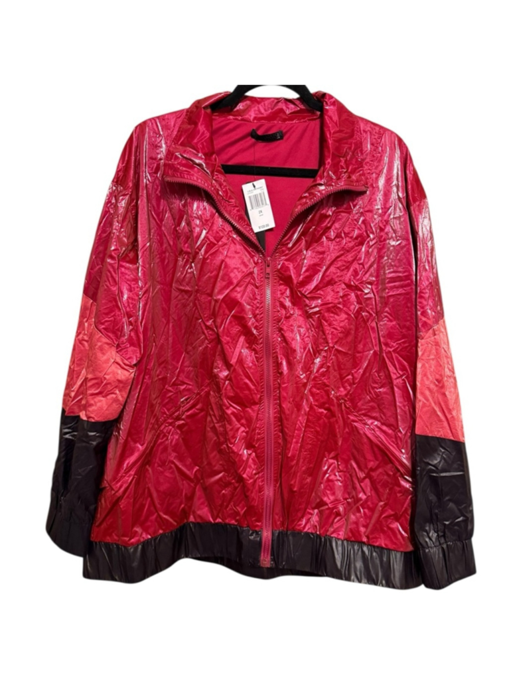 NWT LALA Anthony shiny windbreaker jacket in red and black, 2X